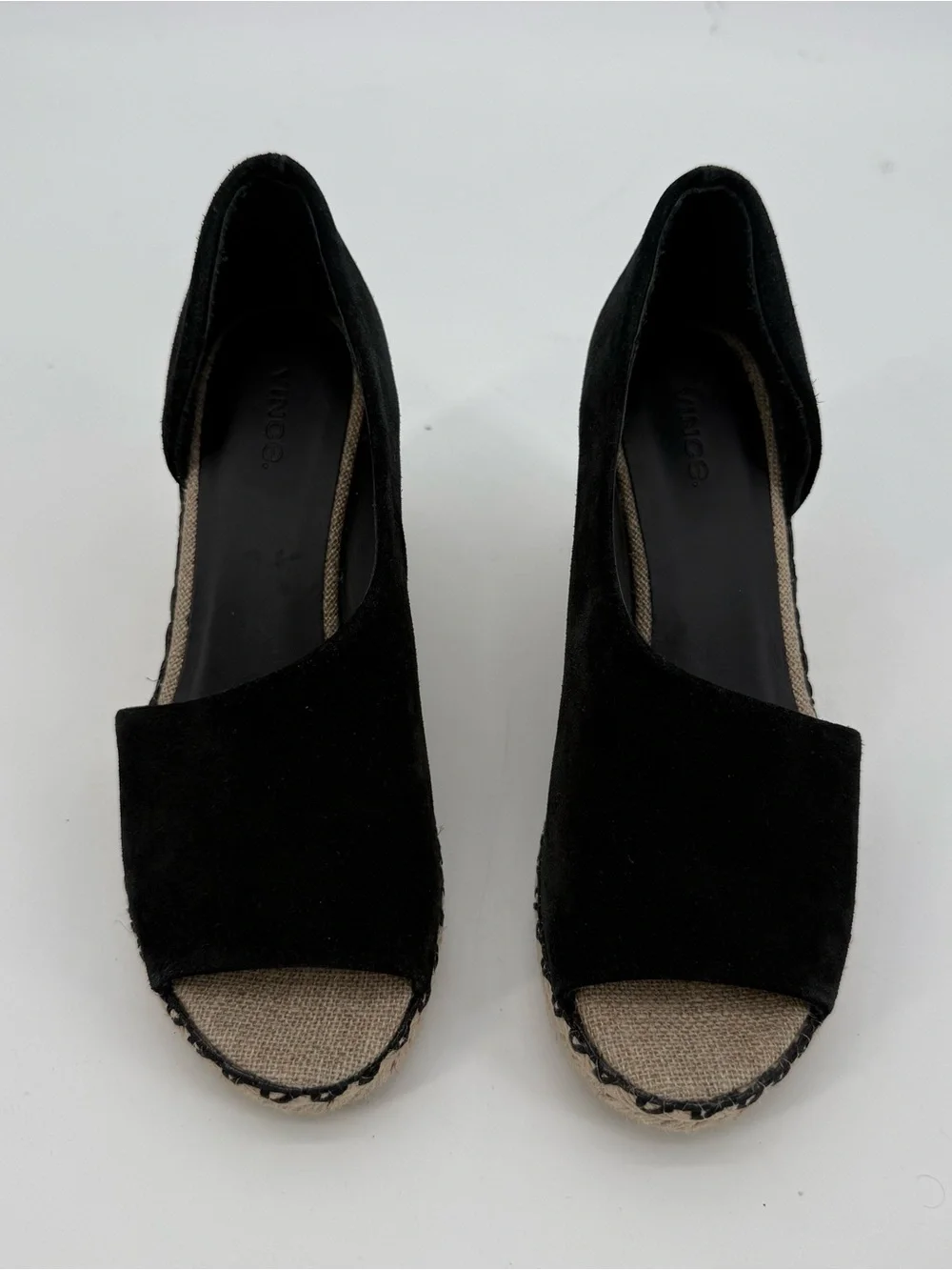 Vince Black Espadrille Wedges Suede Peep Toe Size 7.5M Designer Sonora Cutout